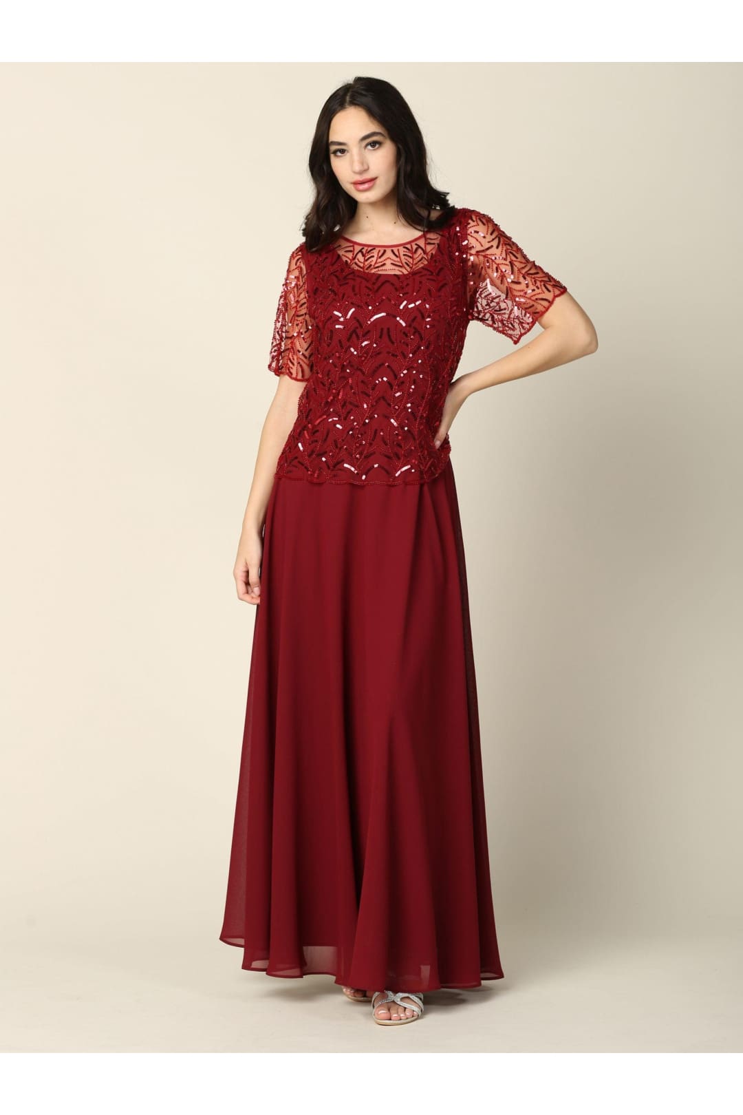 Mother of the Bride Beaded Long Formal Chiffon Gown - The Dress Outlet
