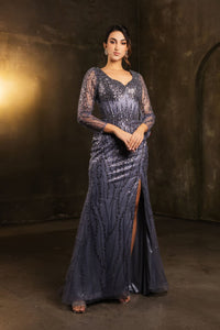 Mother Of The Bride Dress 3/4 Sleeves Mesh Gown By Royal Queen RQ8174 - DUSTYBLUE / M - Dress