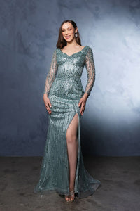 Mother Of The Bride Dress 3/4 Sleeves Mesh Gown By Royal Queen RQ8174 - SAGE / M - Dress