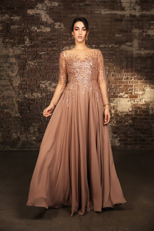 Mother Of The Bride Dress Long Sleeve A-Line Gown By May Queen MQ2161 - CAPPUCCINO / S - Dress