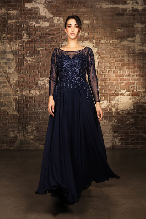 Mother Of The Bride Dress Long Sleeve A-Line Gown By May Queen MQ2161 - NAVY / S - Dress