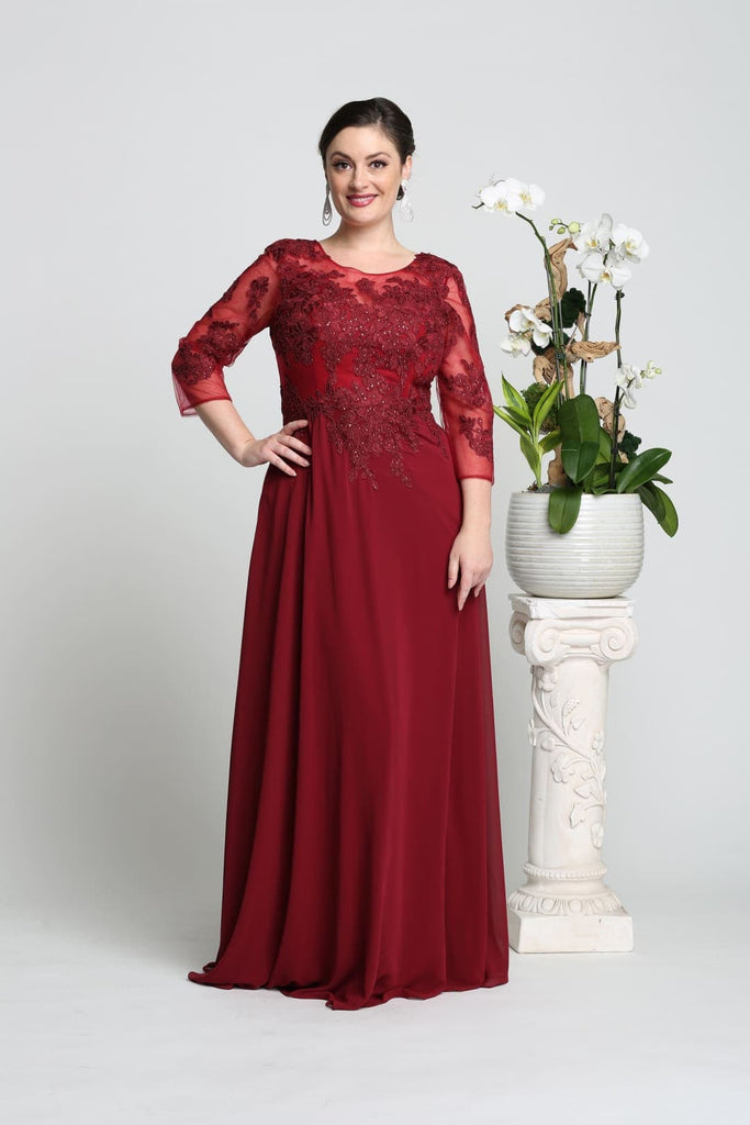 Mother of the Bride Embroidered Gown - Burgundy / M