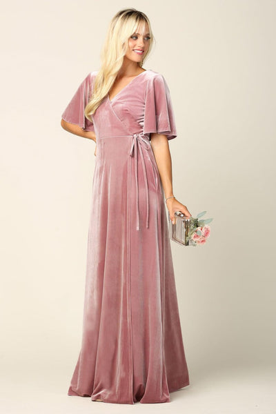 Mother of the Bride Long Flutter Sleeve Velvet Gown - The Dress Outlet