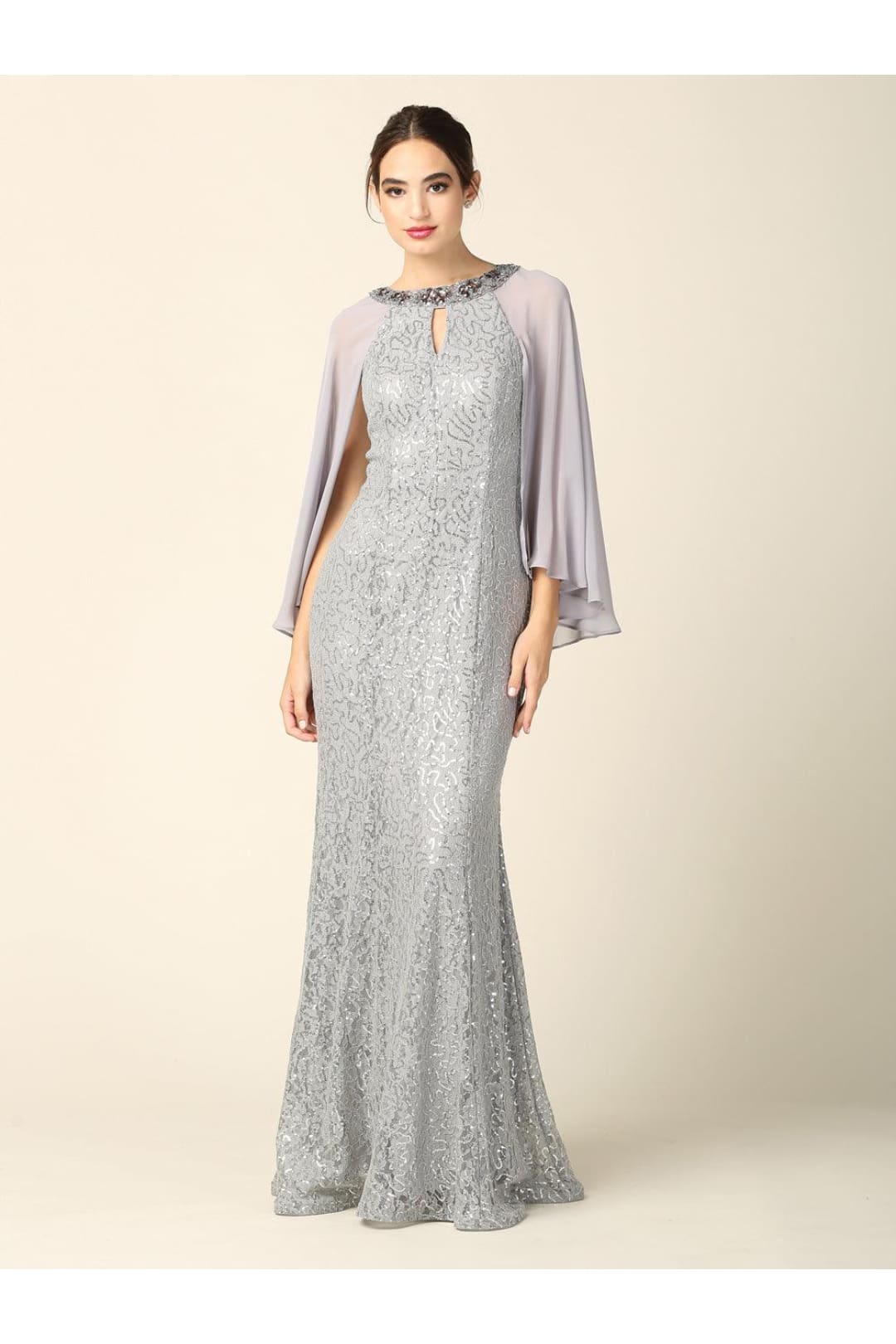 Mother of the Bride Long Formal Cape Dress - The Dress Outlet Eva Fashion