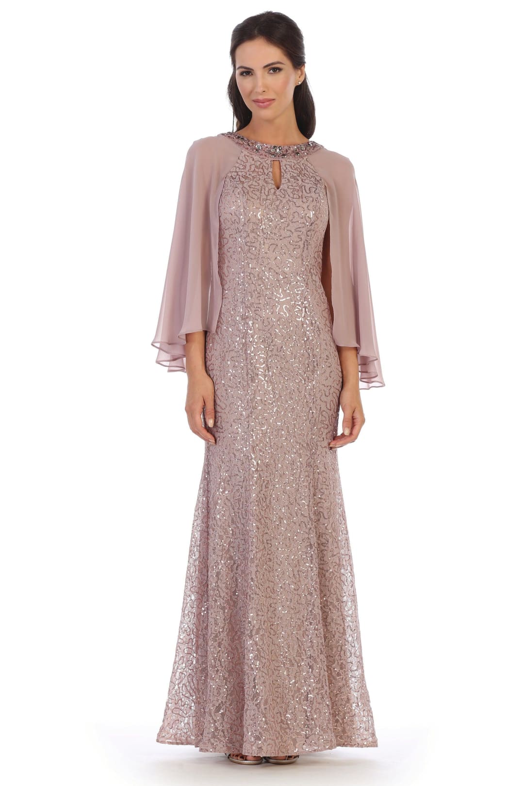 Mother of the Bride Long Formal Cape Dress - The Dress Outlet