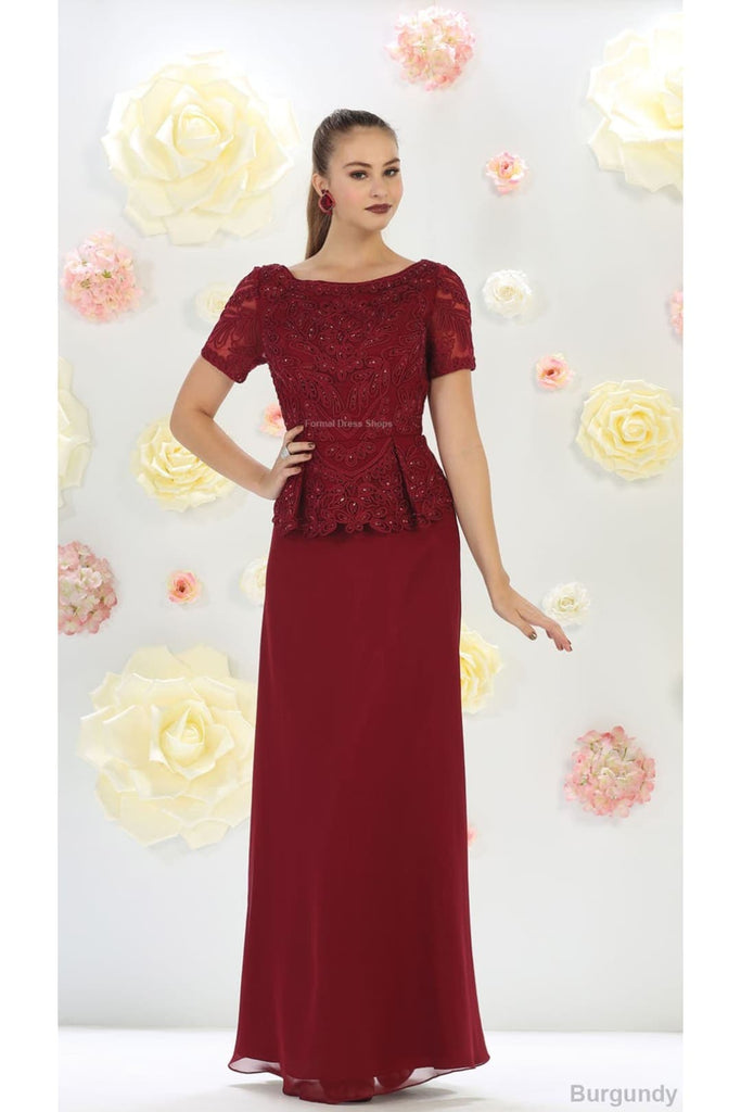 Mother of the Groom Short Sleeve Gown - BURGUNDY / M
