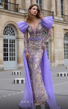MNM Couture K4075 Purple Sequin Long Sleeve Gown