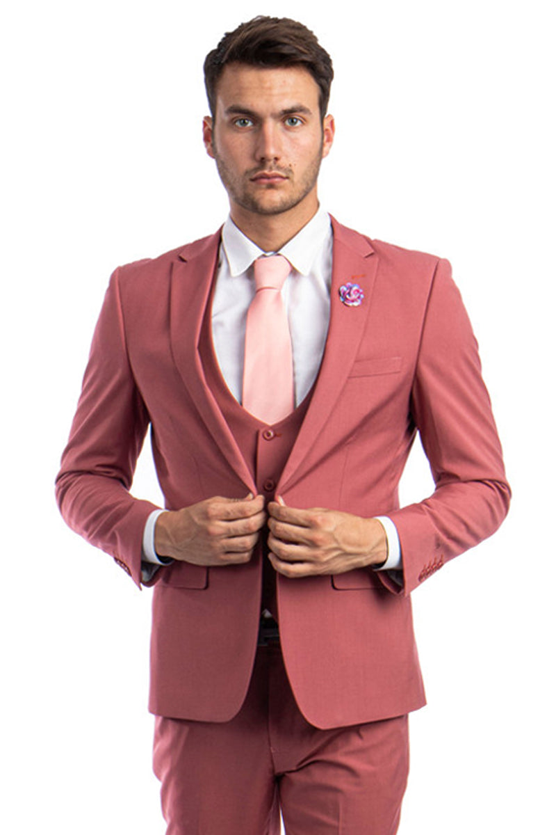 Traje de boda y graduación ajustado con solapa de pico y un botón para hombre, con chaleco escotado en rosa coral
