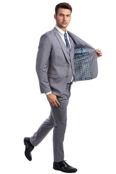 Traje básico liso de dos botones para hombre, corte entallado, con chaleco, en gris