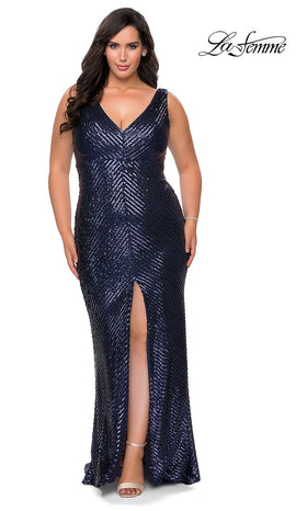 La Femme 28796 Floor-Length V-Neck Sequin Prom Dress with Slit