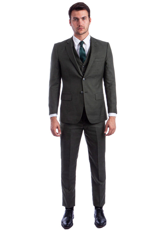 Men's Olive Green Sharkskin Suit with Vest by Tazio
