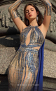 MNM Couture K4054 Blue Sequin Sheer Gown with Dramatic Cape