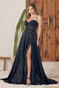 Nox Anabel A1241 A-Line Spahetti Straps Slit Pageant Formal Gown - BLACK / 00