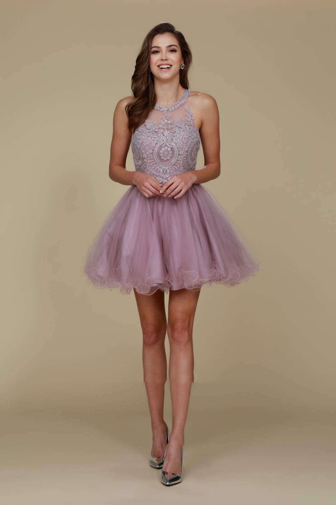 Nox Anabel B652 Halter Lace Applique Homecoming Cocktail Dama Dress