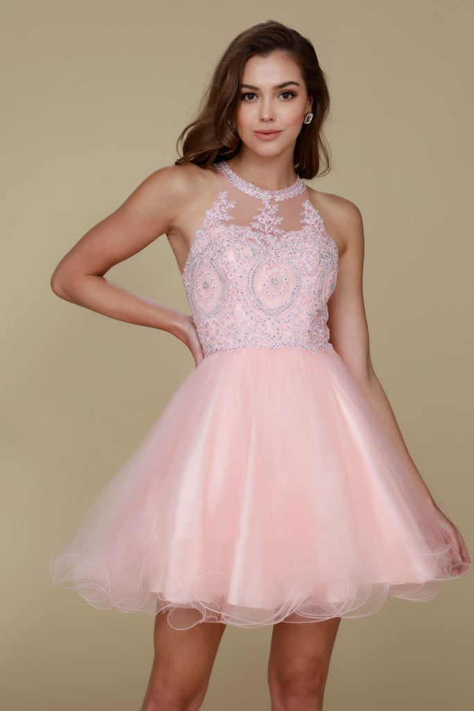 Nox Anabel B652 Halter Lace Applique Homecoming Cocktail Dress - BLUSH / XS - Dress