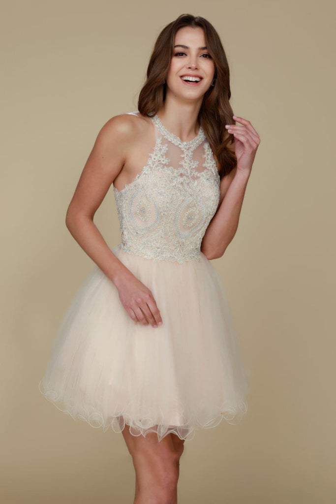 Nox Anabel B652 Halter Lace Applique Homecoming Cocktail Dress - CHAMPAGNE / XS - Dress