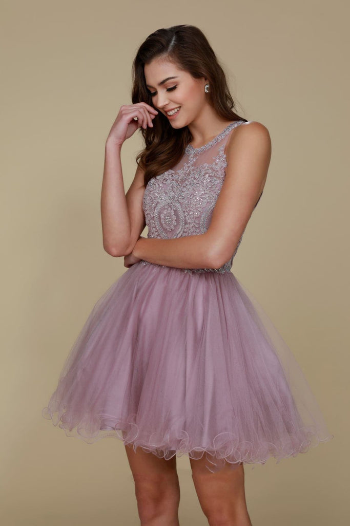 Nox Anabel B652 Halter Lace Applique Homecoming Cocktail Dress - LIGHT MAUVE / XS - Dress