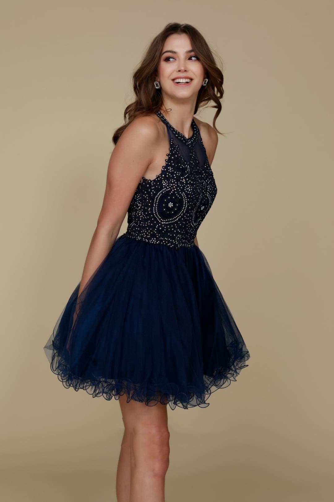 Nox Anabel B652 Halter Lace Applique Homecoming Cocktail Dress - NAVY BLUE / XS - Dress