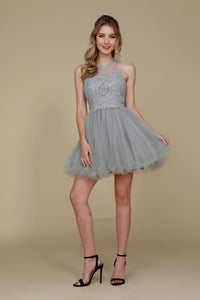 Nox Anabel B652 Halter Lace Applique Homecoming Cocktail Dress - SILVER / XS - Dress