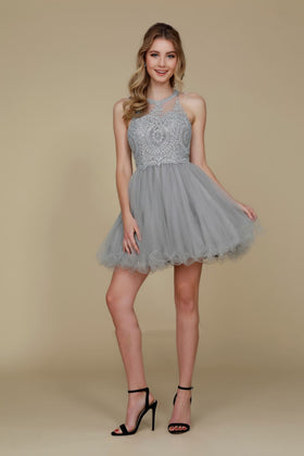 Nox Anabel B652 Silver Inexpensive Halter Neckline Bridesmaid Dress