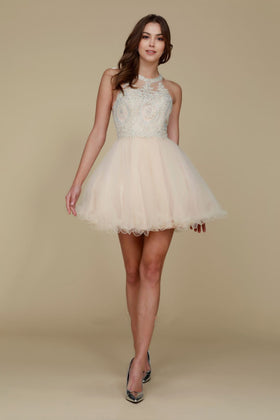 Nox Anabel B652 Champagne Inexpensive Bridesmaid Dress with Halter Neckline