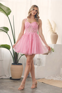 Nox Anabel H784 Lace Applique A-line Spaghetti Straps Homecoming Dress - PINK / 00