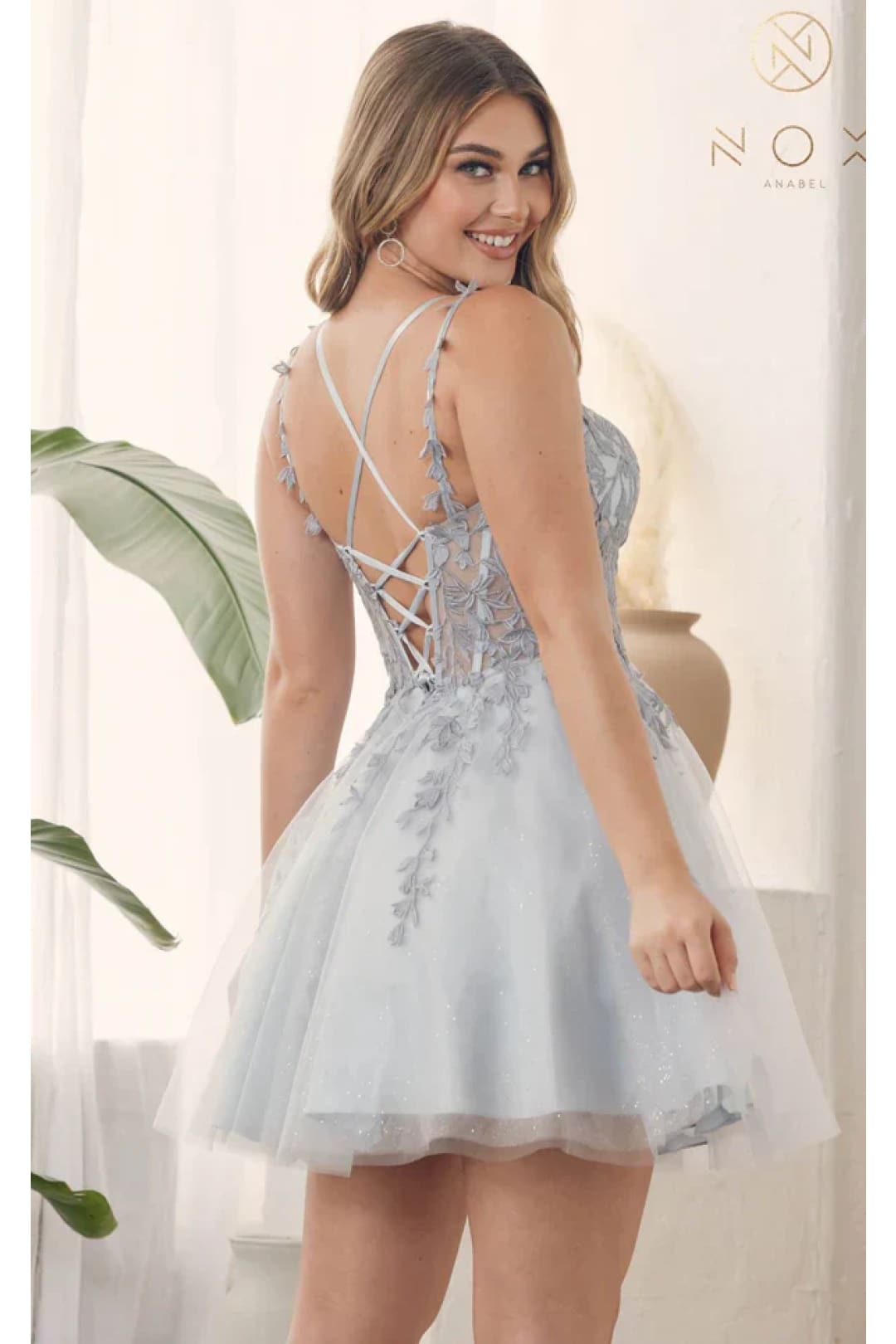Nox Anabel H784 V-Neckline Leaf Embroidery Spaghetti Straps Gown - Dress