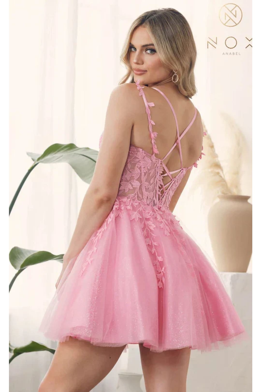 Nox Anabel H784 V-Neckline Leaf Embroidery Spaghetti Straps Gown - Dress