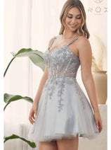 Nox Anabel H784 V-Neckline Leaf Embroidery Spaghetti Straps Dress