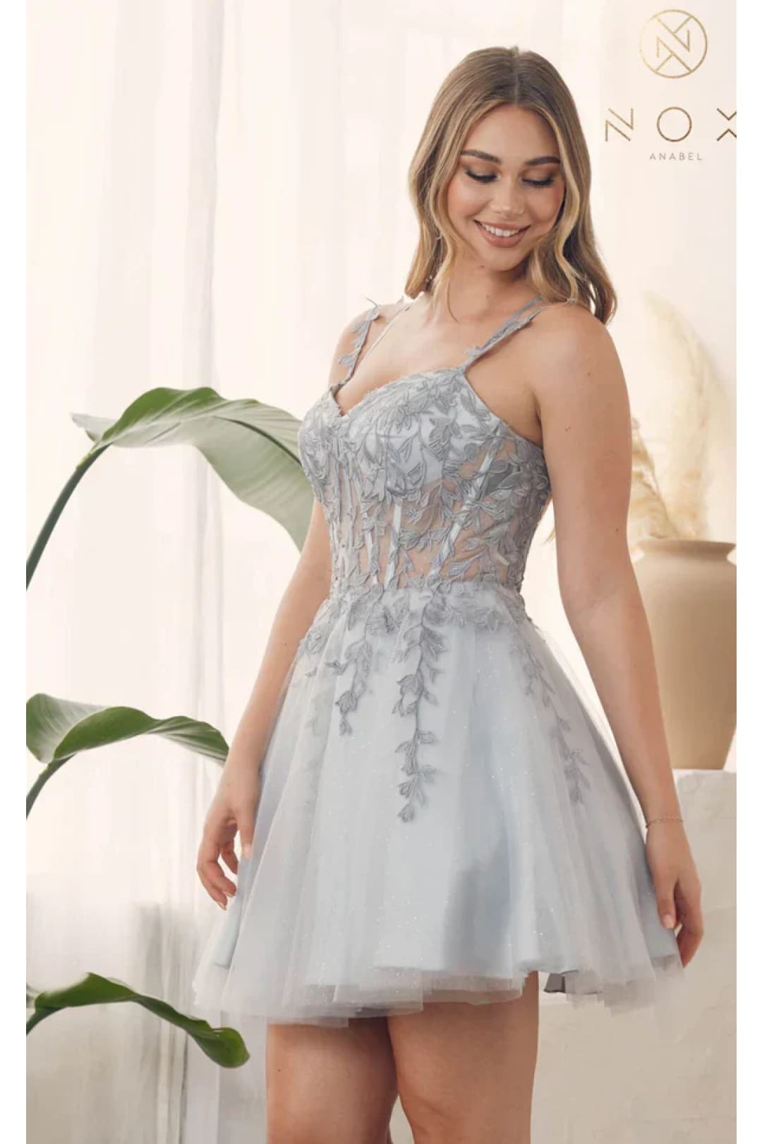 Nox Anabel H784 V-Neckline Leaf Embroidery Spaghetti Straps Gown - Dress