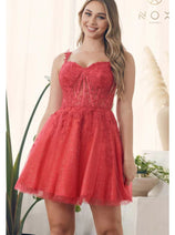 Nox Anabel H784 V-Neckline Leaf Embroidery Spaghetti Straps Dress