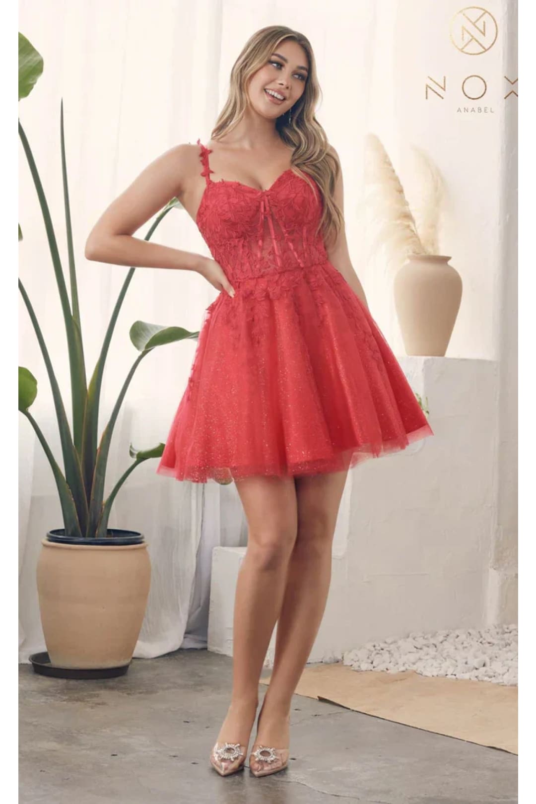 Nox Anabel H784 V-Neckline Leaf Embroidery Spaghetti Straps Gown - Dress