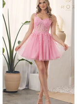 Nox Anabel H784 V-Neckline Leaf Embroidery Spaghetti Straps Dress