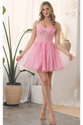 Nox Anabel H784 V-Neckline Leaf Embroidery Spaghetti Straps Gown - Candy Pink / 10 - Dress