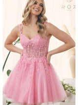 Nox Anabel H784 V-Neckline Leaf Embroidery Spaghetti Straps Dress