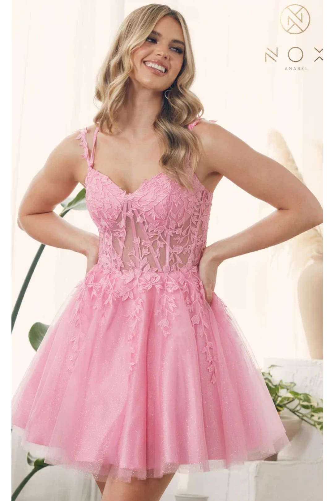 Nox Anabel H784 V-Neckline Leaf Embroidery Spaghetti Straps Gown - Candy Pink / 12 - Dress