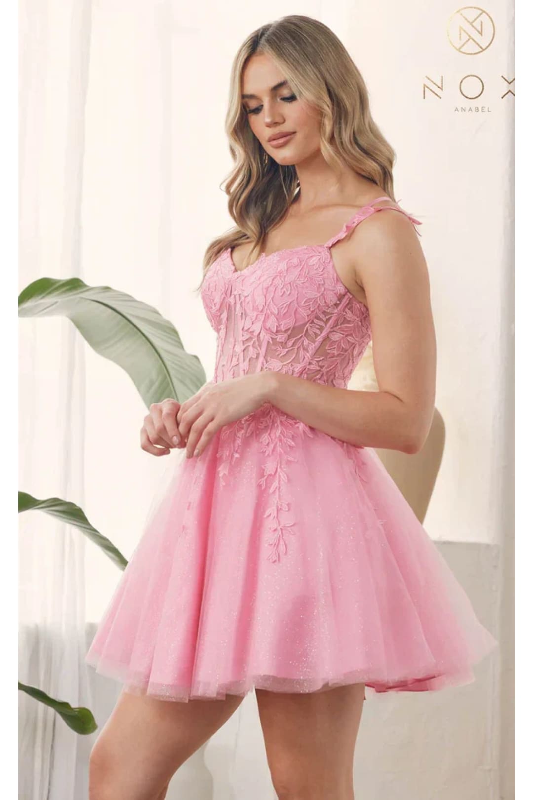 Nox Anabel H784 V-Neckline Leaf Embroidery Spaghetti Straps Gown - Candy Pink / 14 - Dress