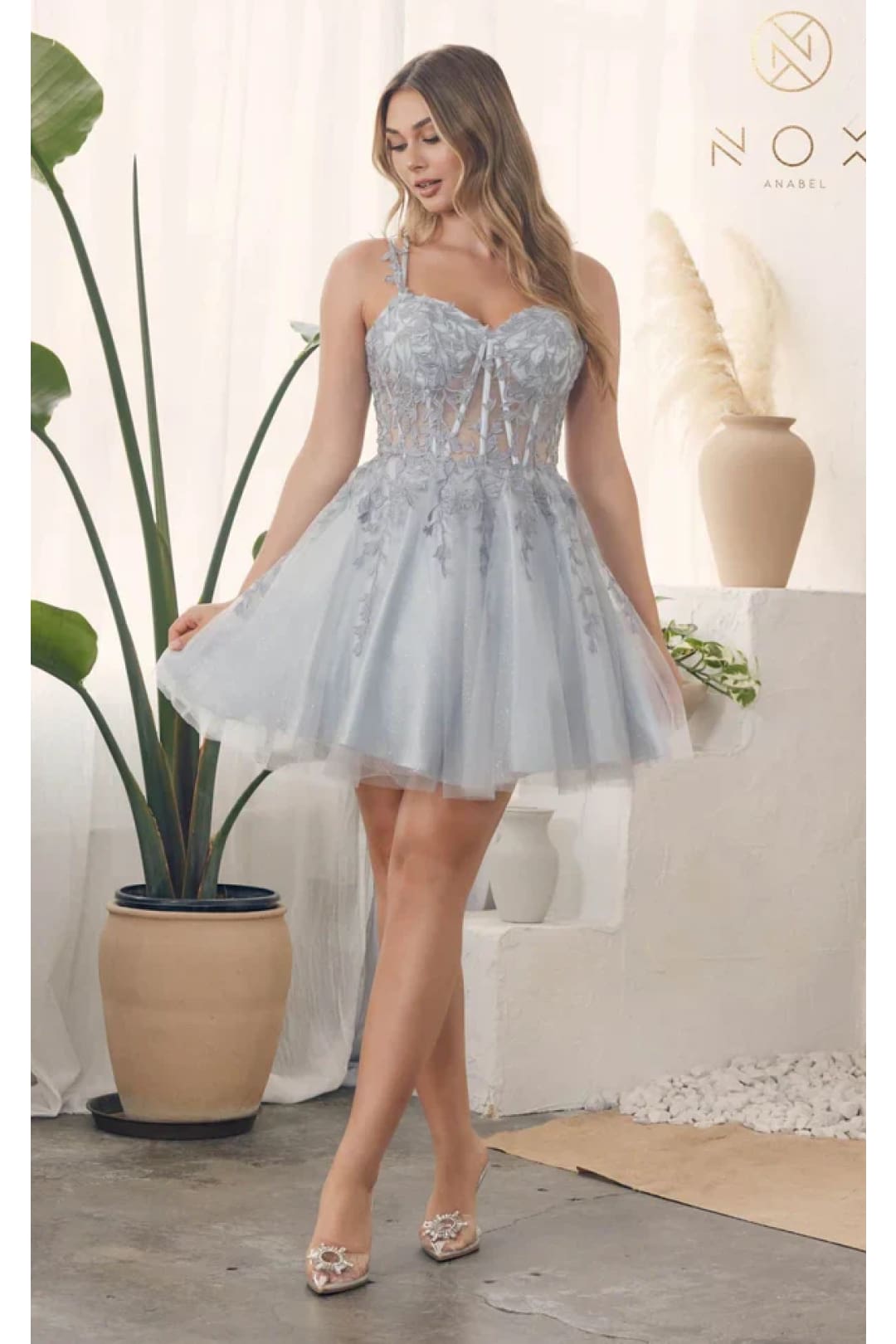 Nox Anabel H784 V-Neckline Leaf Embroidery Spaghetti Straps Gown - Silver / 8 - Dress