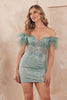 Nox Anabel L789 Feather Off Shoulder Glitter Mini Hoco Cocktail Dress - DUSTY SAGE / 00