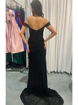 Nox Anabel R1244 Bustier Off Shoulder Slit Velvet Holidays Dress