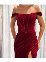 Nox Anabel R1244 Bustier Off Shoulder Slit Velvet Holidays Dress