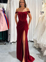 Nox Anabel R1244 Bustier Off Shoulder Slit Velvet Holidays Dress