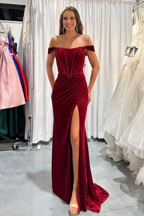 Nox Anabelb R1244 Bustier Off Shoulder Slit Velvet Holidays Dress