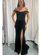 Nox Anabel R1244 Bustier Off Shoulder Slit Velvet Holidays Dress