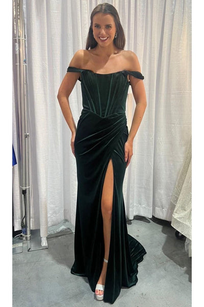 Nox Anabelb R1244 Bustier Off Shoulder Slit Velvet Holidays Dress - EMERALD GREEN / 00