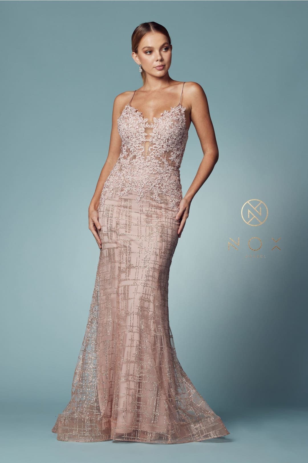 Nox Anabel R282-1 Strappy Glitter Deep V-Neck Mermaid Prom Evening Gown - Dress