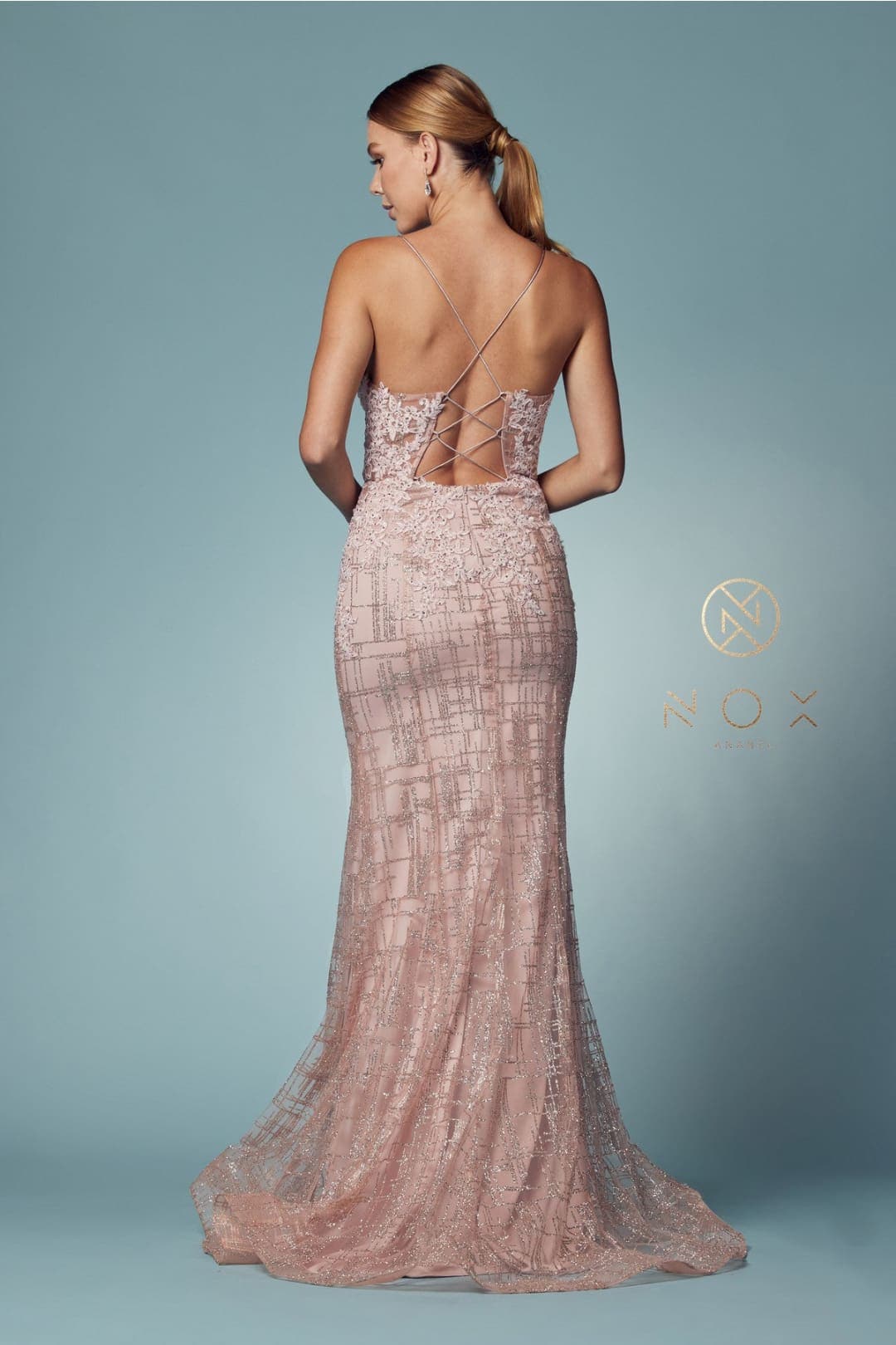 Nox Anabel R282-1 Strappy Glitter Deep V-Neck Mermaid Prom Evening Gown - Dress