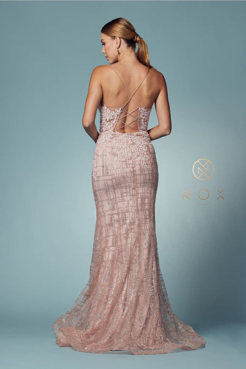 Nox Anabel R282-1 Strappy Glitter Deep V-Neck Mermaid Prom Evening Gown - Dress