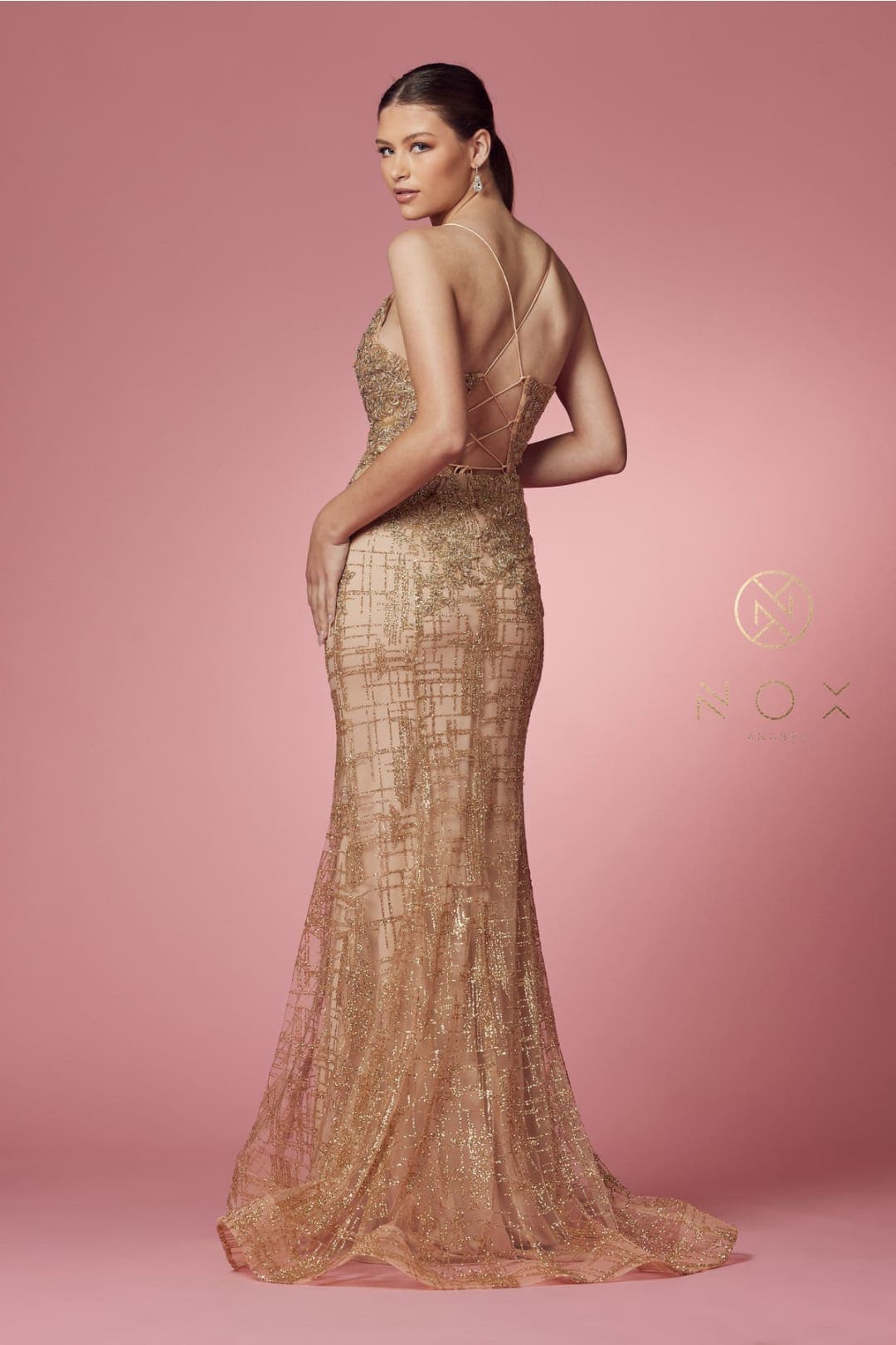 Nox Anabel R282-1 Strappy Glitter Deep V-Neck Mermaid Prom Evening Gown - Dress