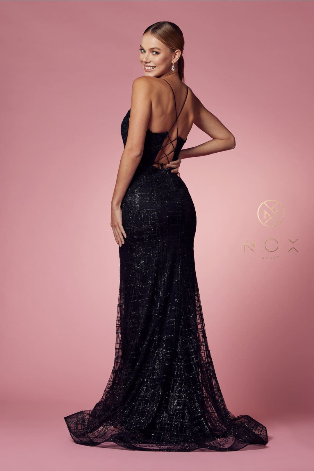 Nox Anabel R282-1 Strappy Glitter Deep V-Neck Mermaid Prom Evening Gown - Dress